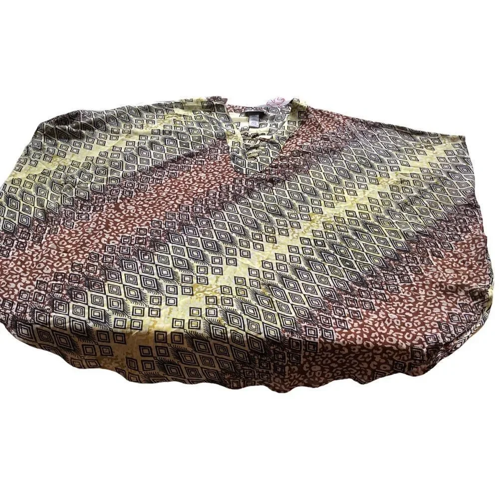 Catherines Tunic Blouse light weight, black yellow and brown print v-neck 1X